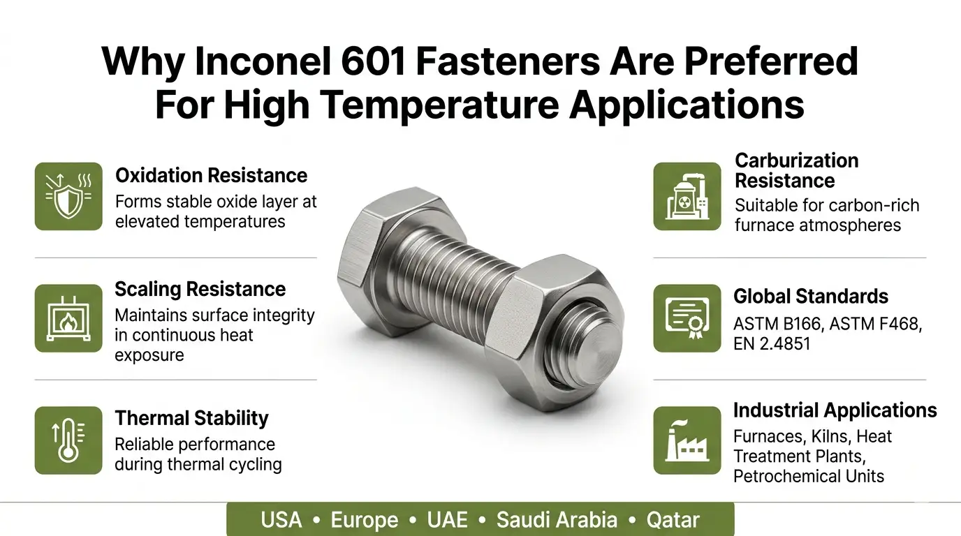 Inconel 601 fasteners suppliers and exporters by Aurum Overseas showing oxidation resistance, scaling resistance, thermal stability, ASTM compliance and furnace applications