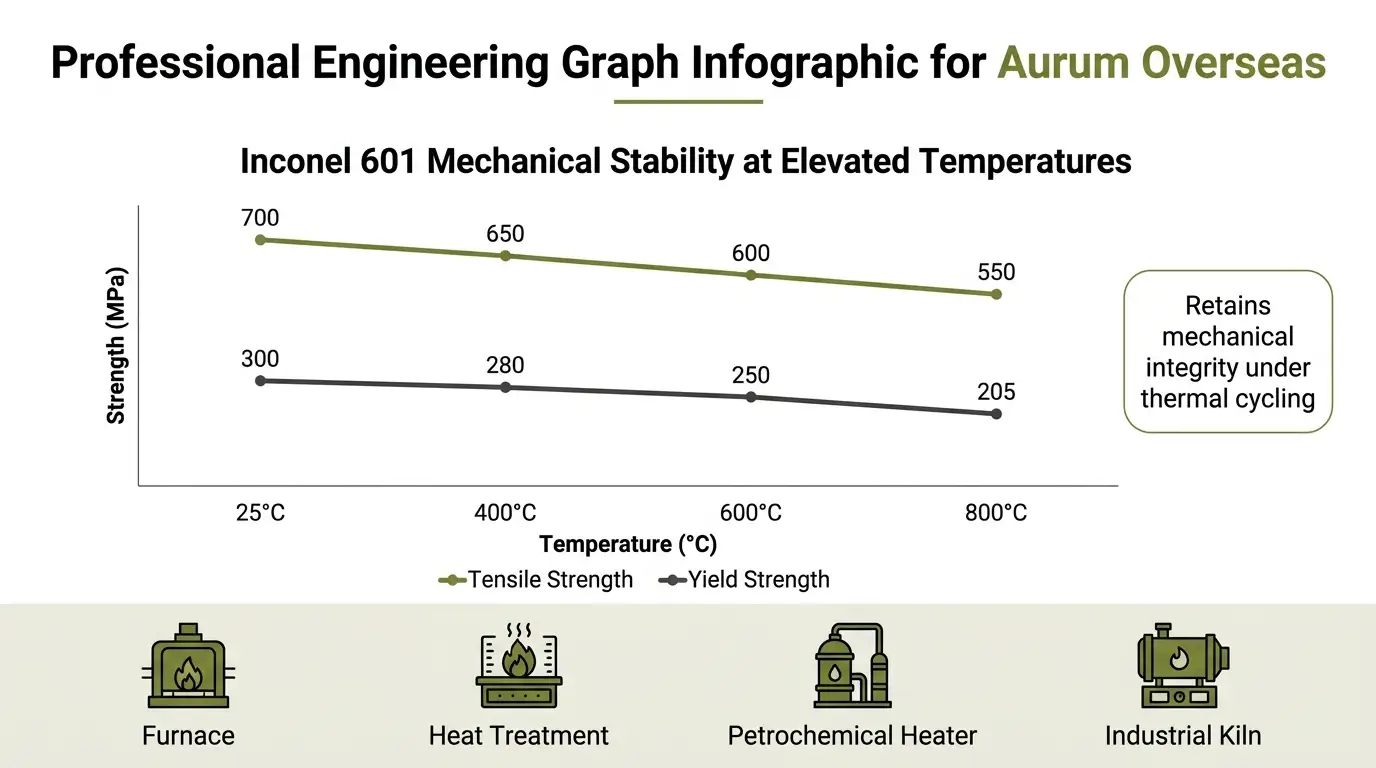 Graph showing Inconel 601 fasteners tensile strength and yield strength retention from room temperature to 800 degrees Celsius supplied by Aurum Overseas