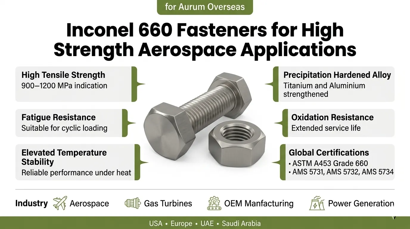 Inconel 660 fasteners suppliers and exporters by Aurum Overseas showing high strength, fatigue resistance, oxidation resistance and aerospace applications
