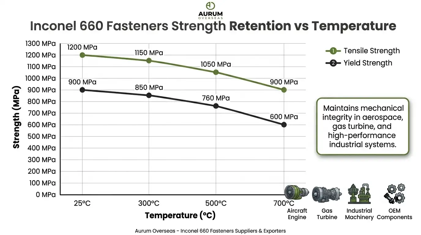 Engineering graph showing Inconel 660 fasteners tensile strength and yield strength retention from 25°C to 700°C for aerospace, gas turbine and industrial applications by Aurum Overseas.