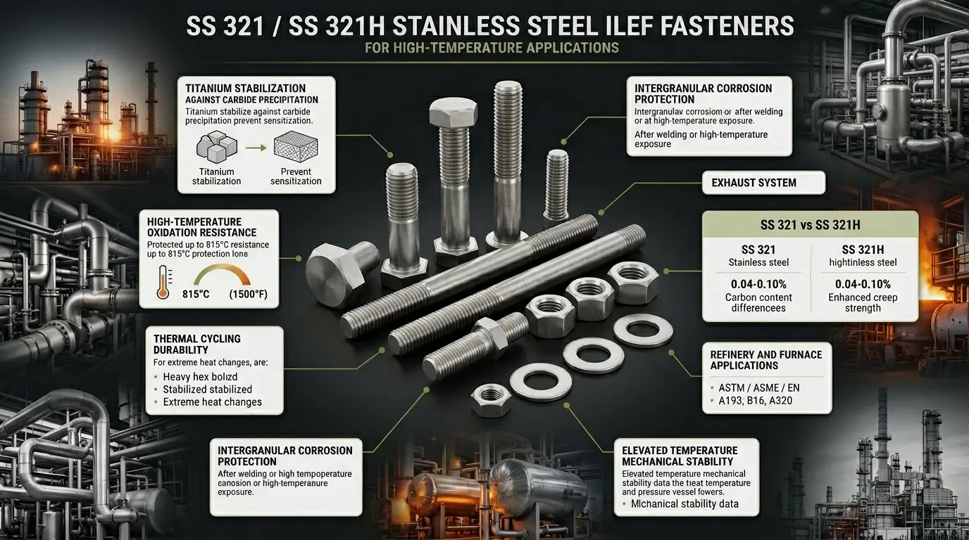 High quality SS 321 and SS 321H Fasteners for high temperature petrochemical and refinery applications