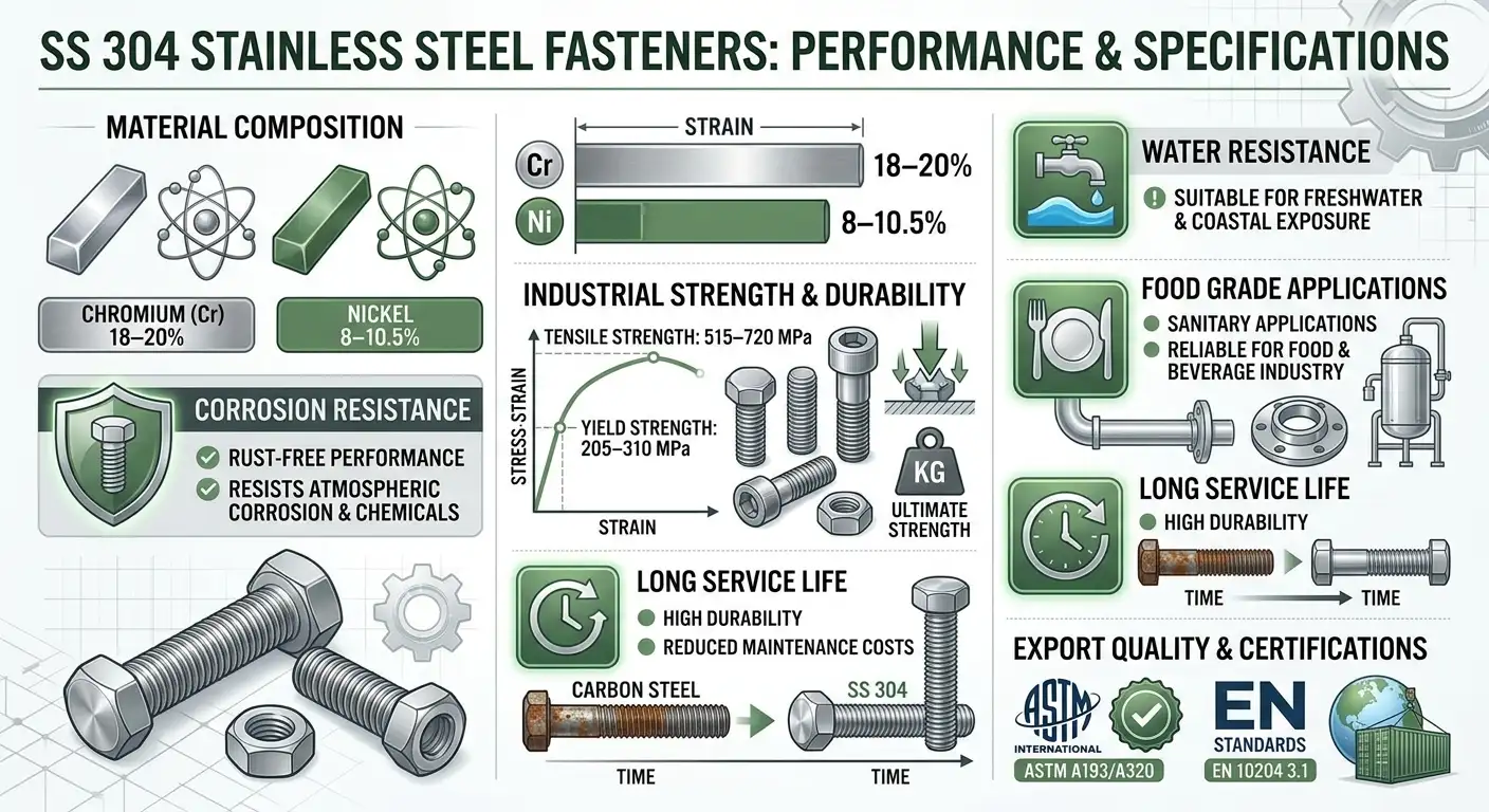 High quality SS 304 Fasteners for industrial construction and food processing applications