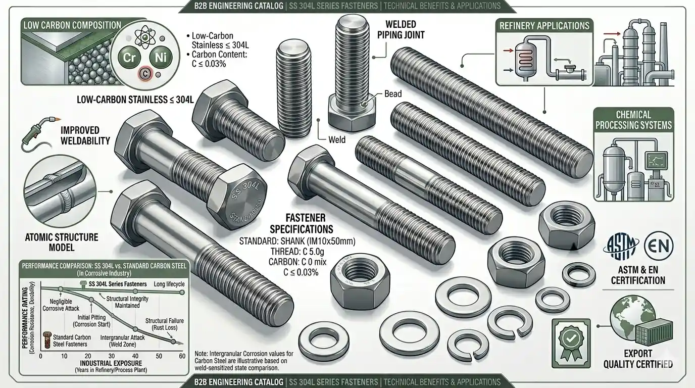 Industrial SS 304L Fasteners including bolts nuts washers and stud bolts for welded engineering applications