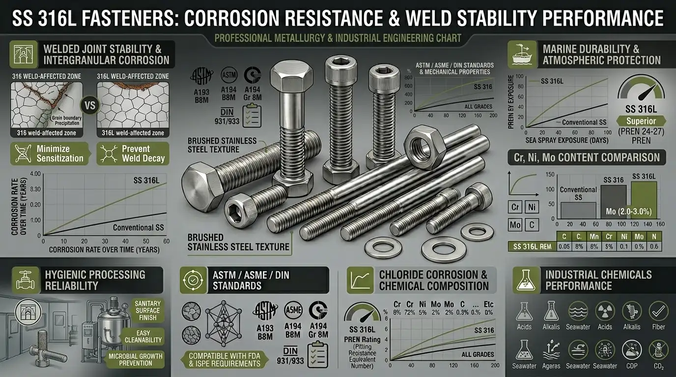 Industrial SS 316L Fasteners including bolts nuts washers and stud bolts for corrosive environments