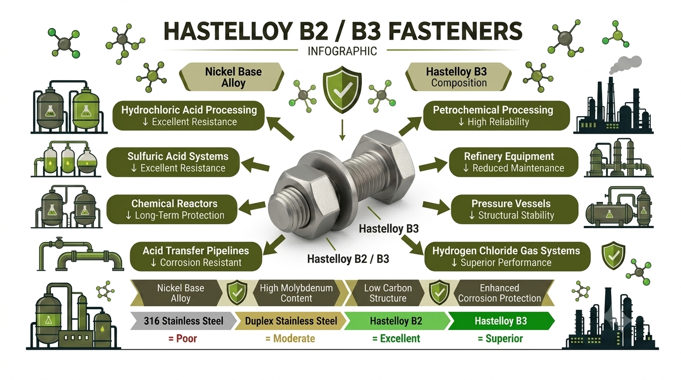 Hastelloy B2 B3 Fasteners showing bolts, nuts, stud bolts, threaded rods and corrosion resistant features for hydrochloric acid and chemical processing industries supplied by Aurum Overseas