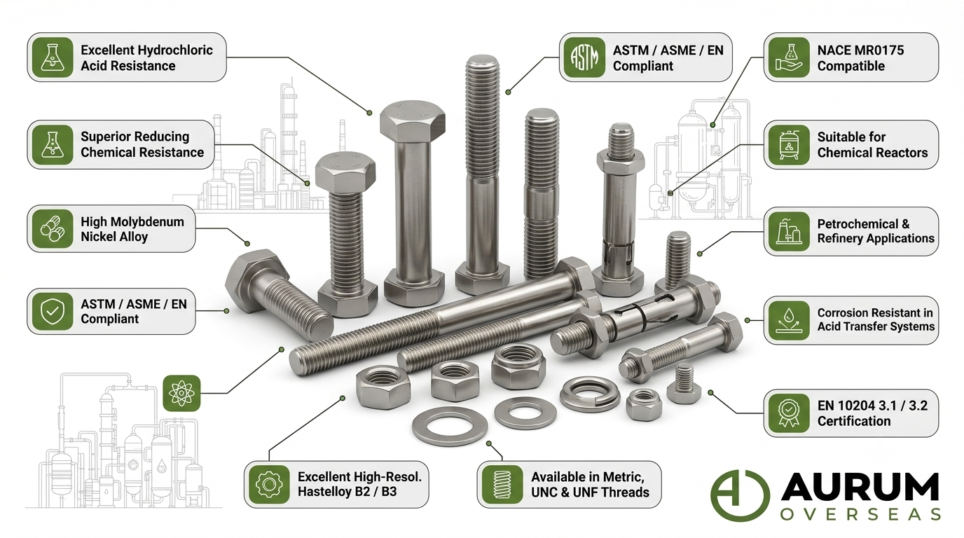 Technical corrosion resistance diagram of Hastelloy B2 and Hastelloy B3 fasteners showing resistance to hydrochloric acid sulfuric acid reducing chemicals and refinery processing environments supplied by Aurum Overseas