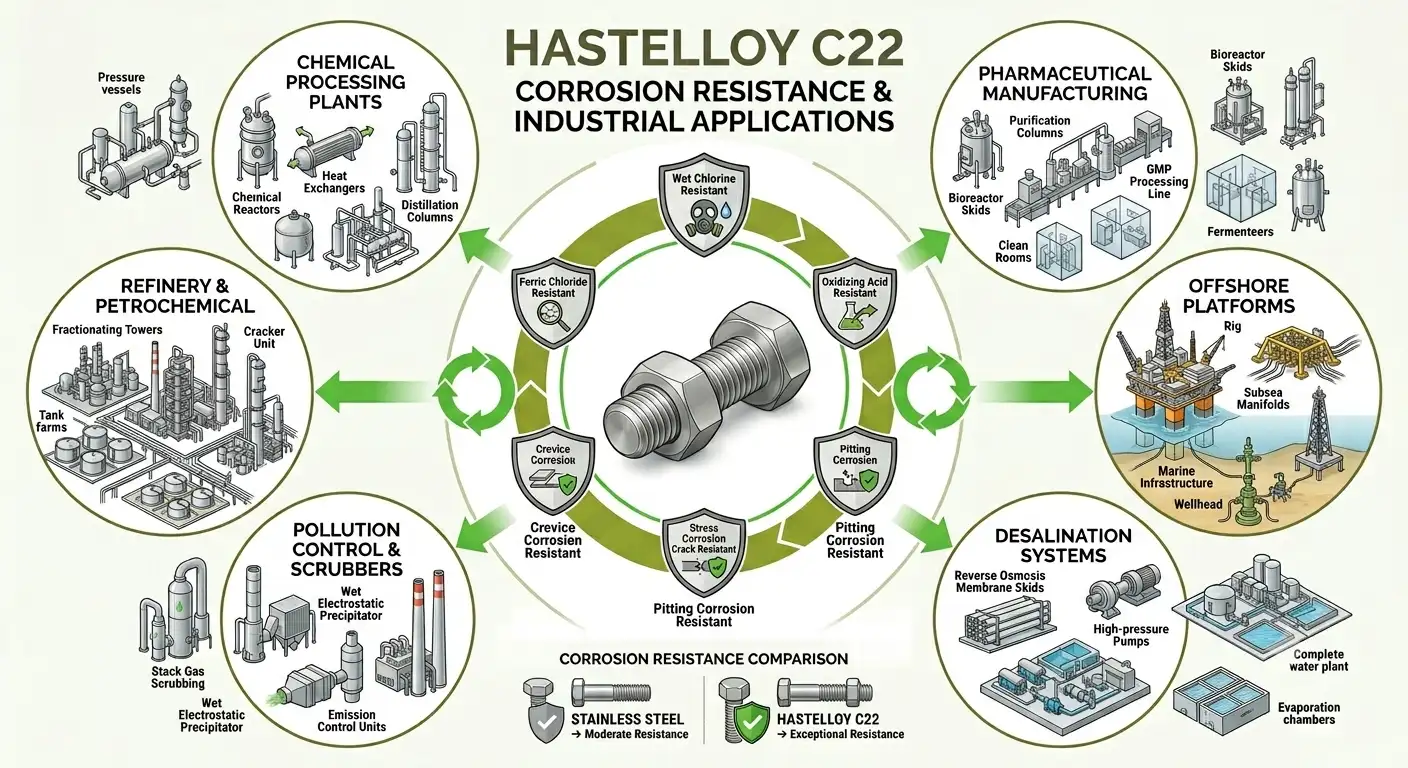 Hastelloy C22 fasteners showing corrosion resistance, wet chlorine protection, pitting resistance, chemical processing and offshore application benefits