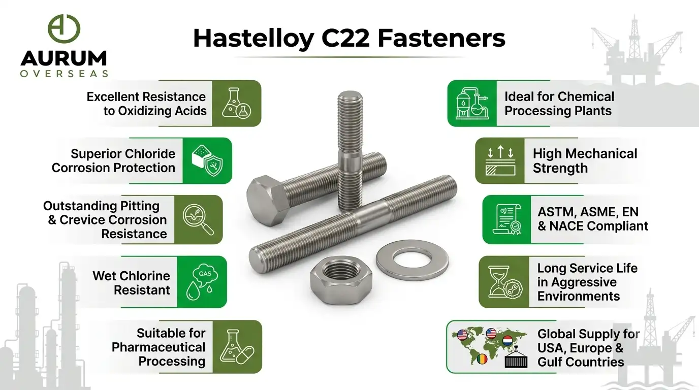 Hastelloy C22 fasteners corrosion resistance diagram for chemical processing, pharmaceutical, offshore, desalination, refinery and pollution control industries