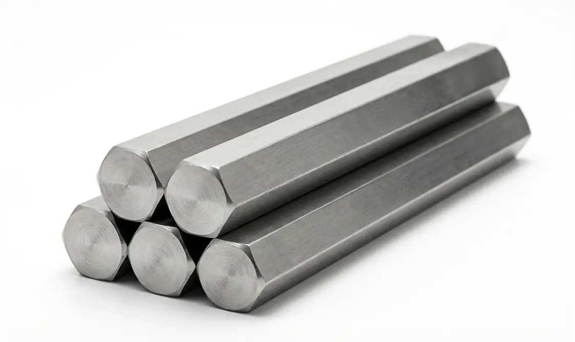 High-precision ASTM A276 Duplex Steel S32205 UNS S32205 Bright Hex Bars stacked in inventory