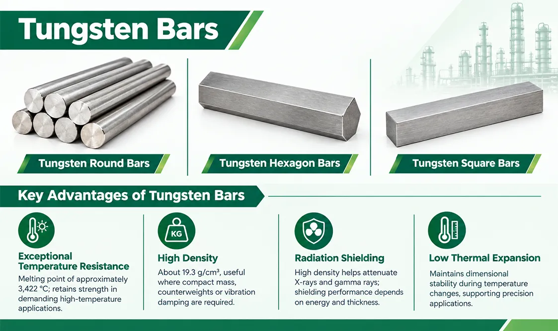 Precision ground high-purity tungsten round bars, heavy square billets, and hexagon bar stock for high-temperature applications