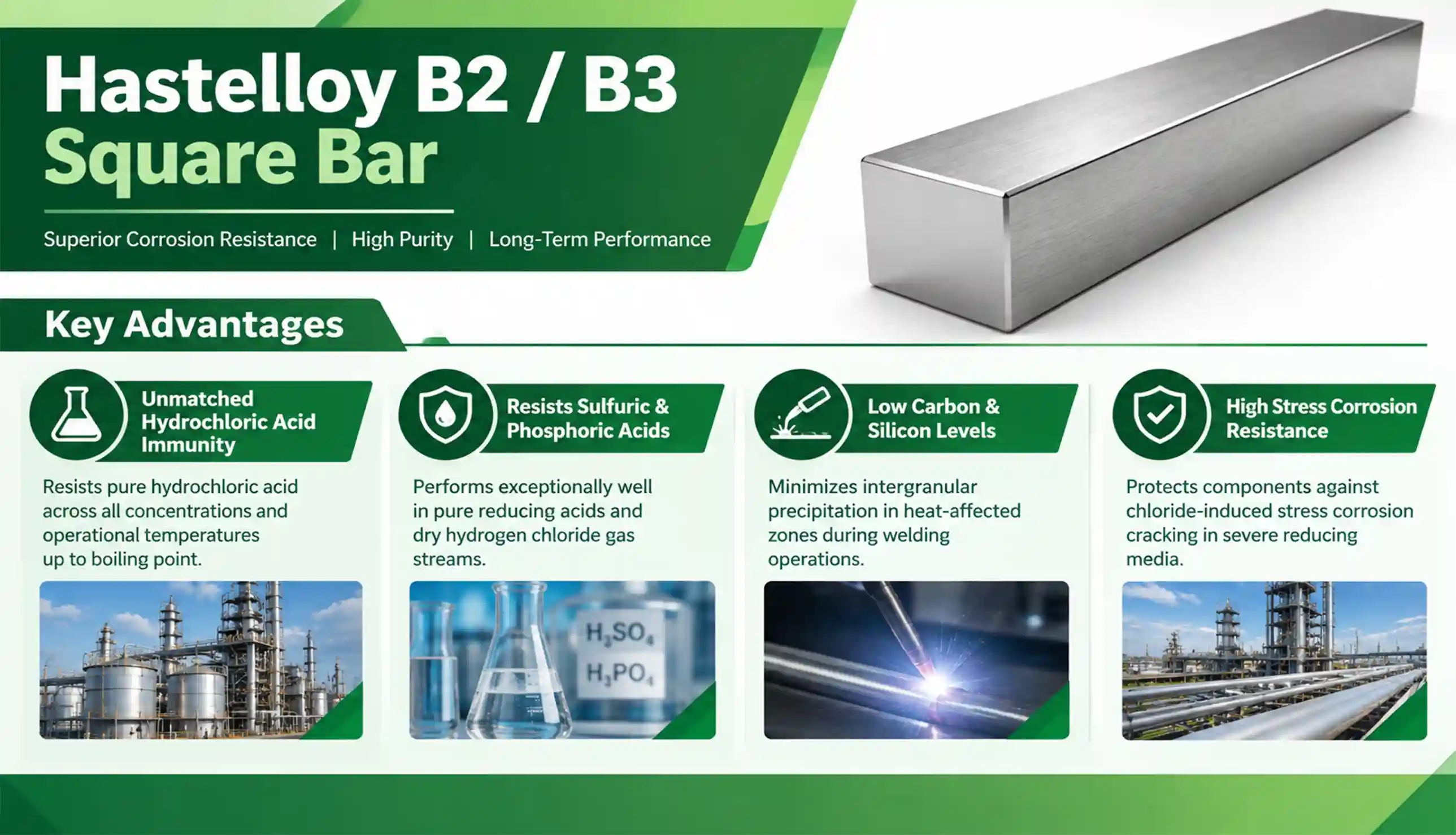 High-precision Hastelloy B2 UNS N10665 and B3 UNS N10675 Bright Square Bars stocked for chemical synthesis equipment