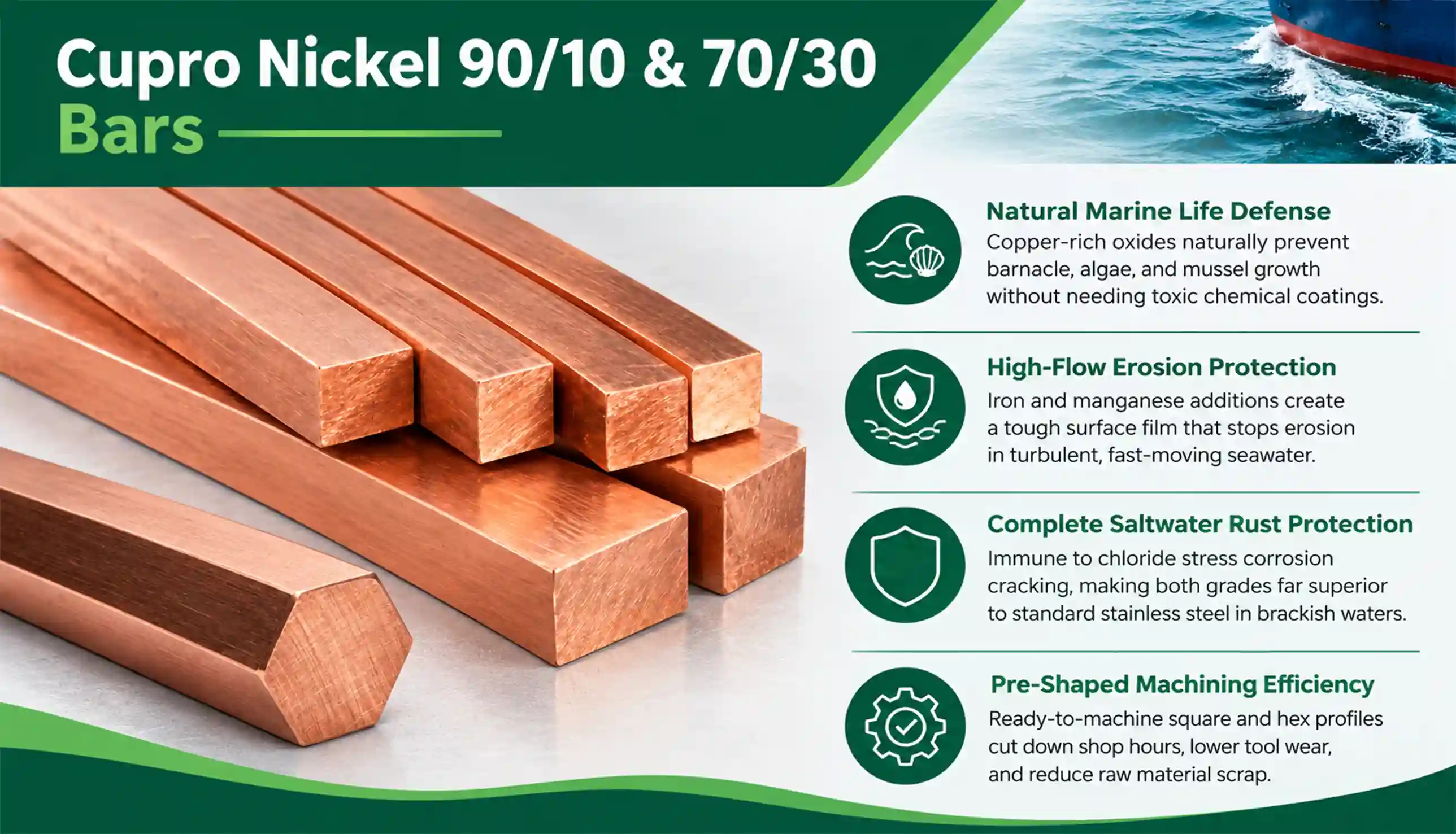 ASTM B151 Copper Nickel 90/10 and 70/30 Square and Hexagon Bars stacked in warehouse