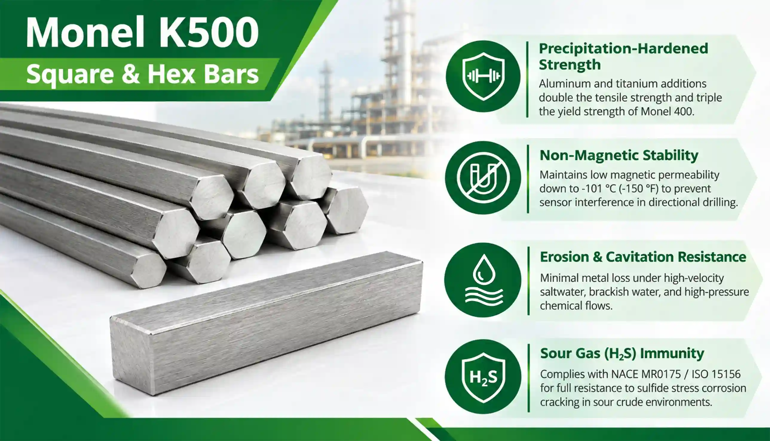 Age hardened ASTM B865 UNS N05500 Square Bars and Hexagon Bars in stock warehouse