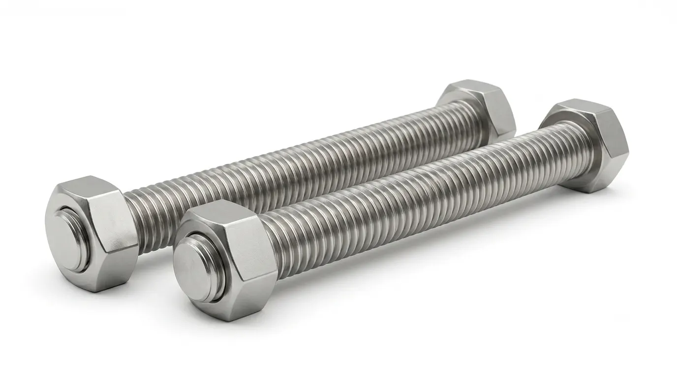 Close-up of Aurum Overseas ASTM A193 Grade B8 stainless steel stud bolts with nuts, used for high-reliability industrial piping and flange assembly applications.