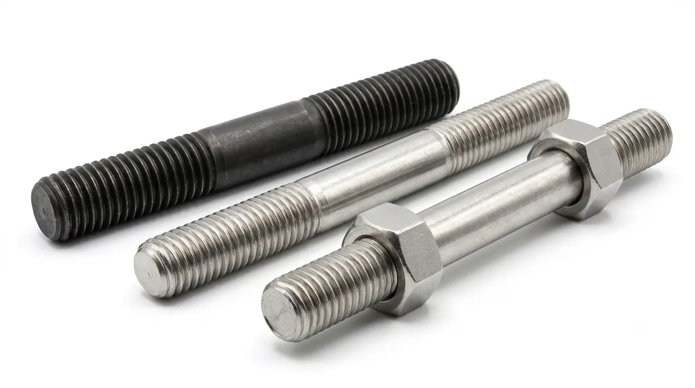 Close-up of Aurum Overseas Duplex S32205 (ASTM A182 F51) stainless steel stud bolts, precision-engineered for superior corrosion resistance and high-pressure integrity in offshore platforms, marine systems, and chemical processing plants.