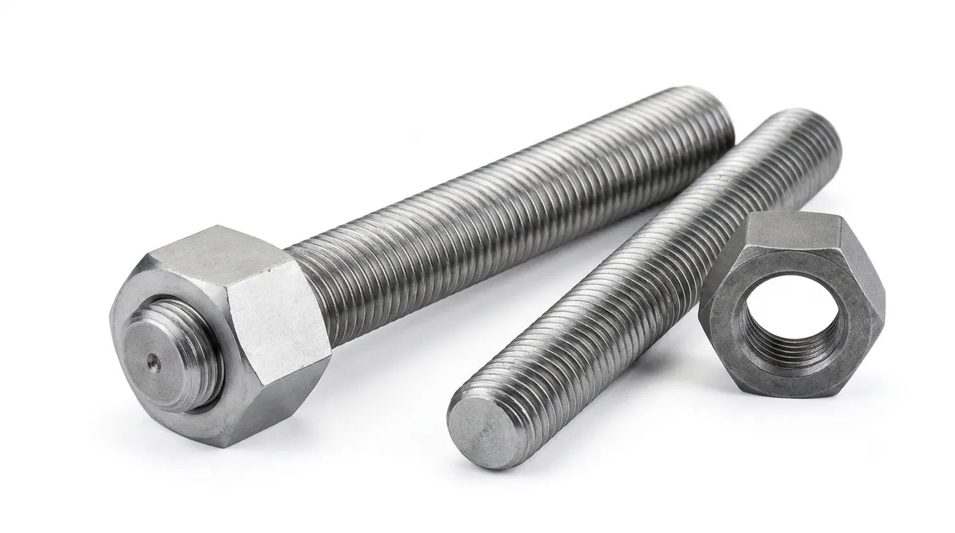 Close-up of Aurum Overseas Inconel 825 nickel alloy stud bolts, engineered for superior acid and seawater corrosion resistance in chemical processing systems, offshore platforms, and marine engineering applications.