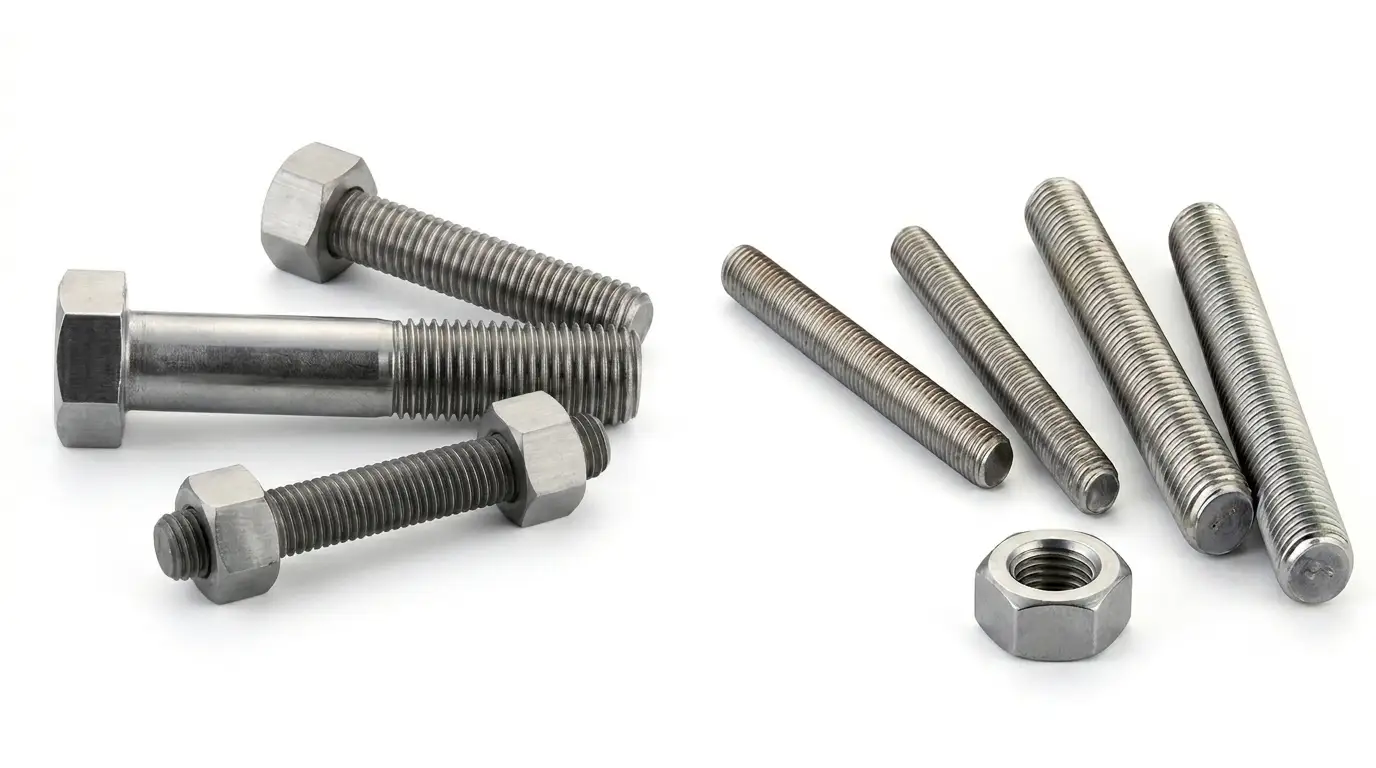Close-up of Aurum Overseas SS 347 and 347H niobium-stabilized stud bolts, engineered for refinery systems, pressure vessels, and high-temperature industrial piping applications.