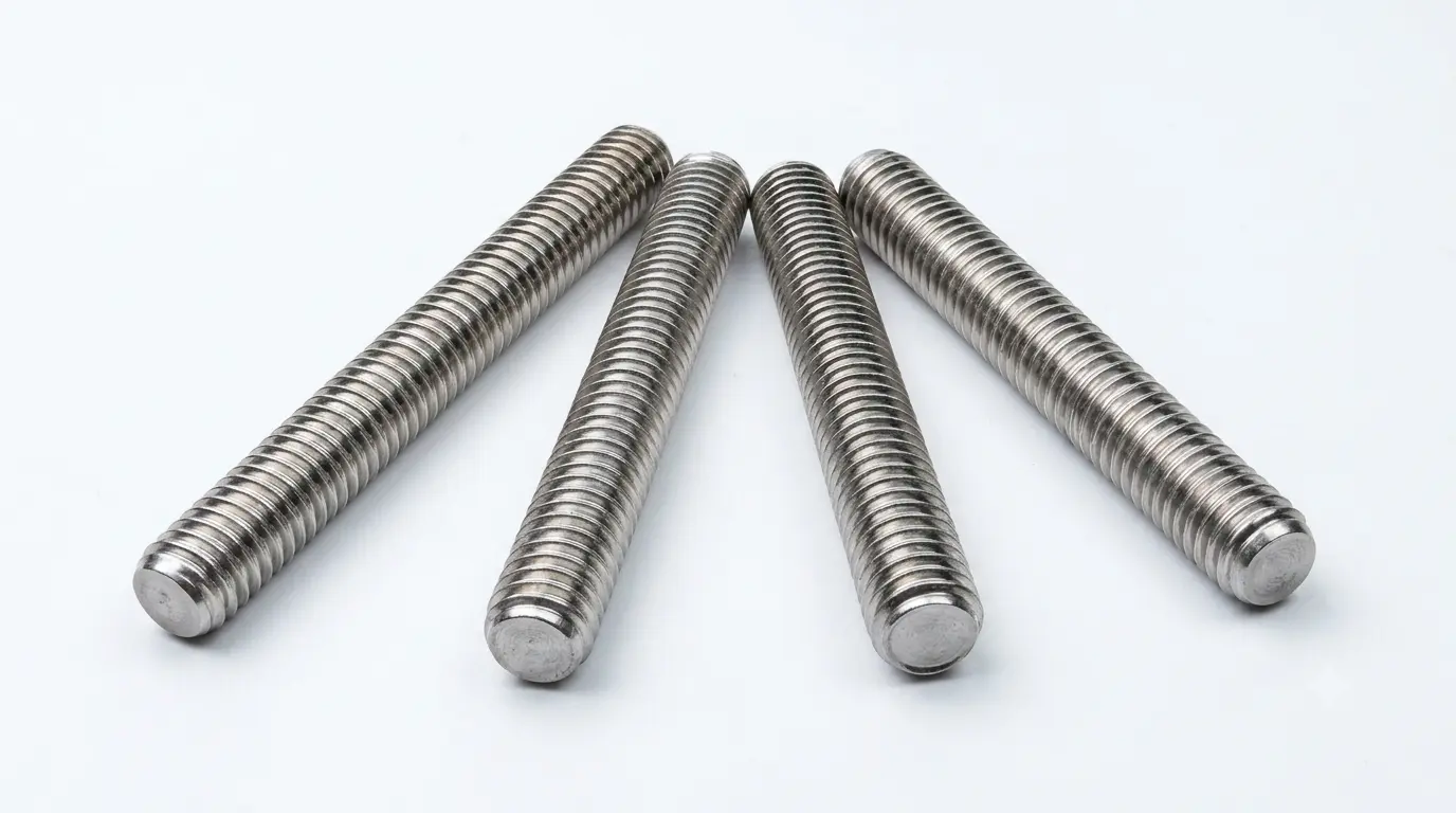 Close-up of Aurum Overseas Super Duplex S32760 (F55 / Zeron 100) stainless steel stud bolts, precision-engineered for exceptional seawater corrosion resistance and high structural strength in offshore, marine, and chemical processing systems.