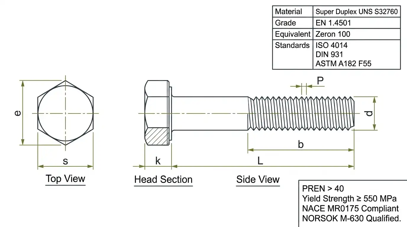 Technical engineering drawing of a Super Duplex S32760 hex bolt showing length, thread length, shank diameter, head height, width across flats and thread dimensions according to ISO 4014 standards