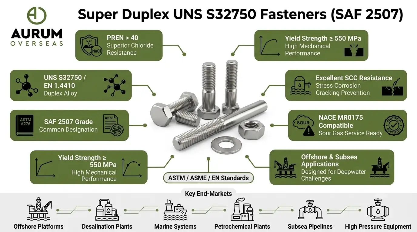 Infographic showing Super Duplex UNS S32750 fasteners with PREN above 40, high yield strength, seawater resistance, chloride corrosion protection, offshore suitability, and ASTM compliance