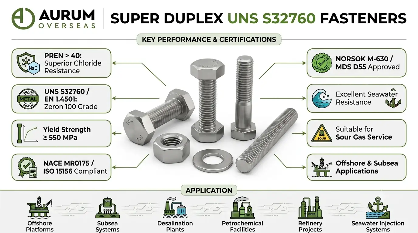 Infographic showing Super Duplex UNS S32760 fasteners with PREN above 40, NORSOK compliance, high chloride resistance, sour gas suitability, and offshore subsea performance for marine and desalination applications