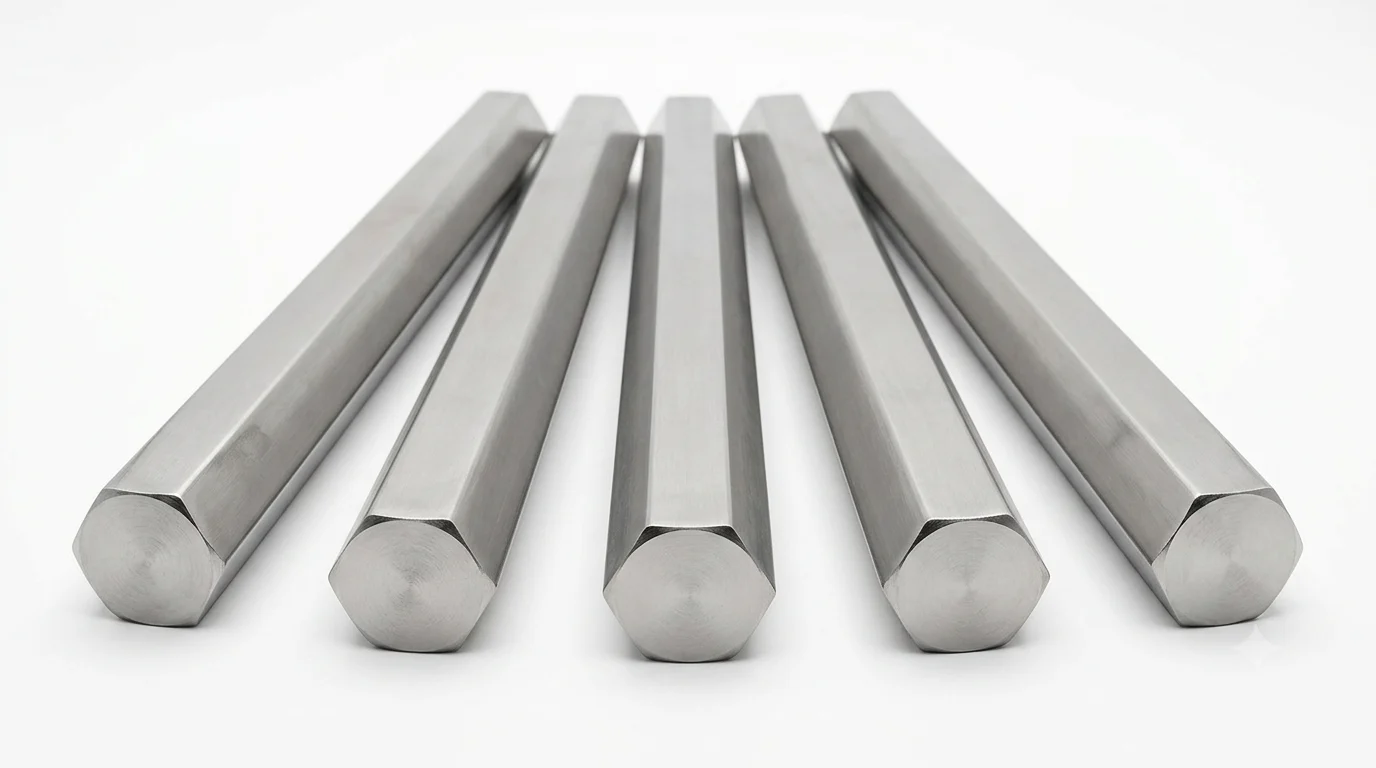 A set of Aurum Overseas stainless steel hex bars, commonly used in machining and engineering projects.